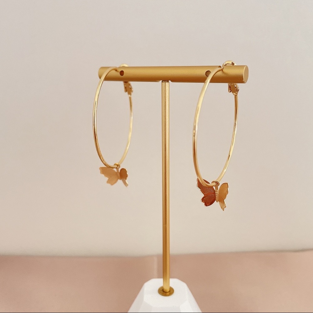 14K Gold plated Butterfly large earring hoops - Picture 4 of 7